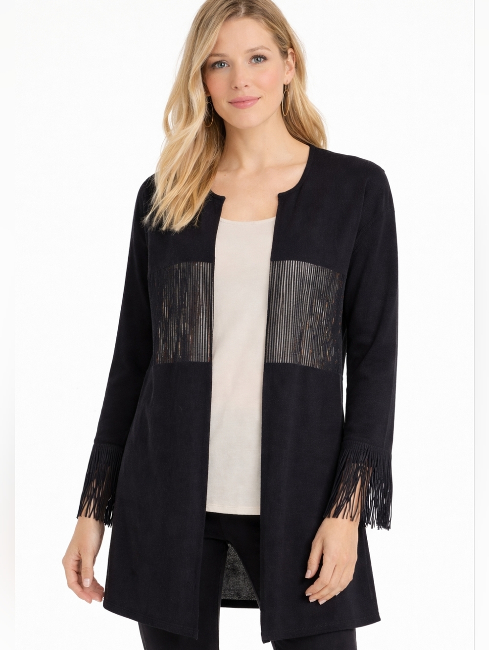 Corinna H Vintage Black Fringe Cardigan Boho Sheer Knit Duster One Size